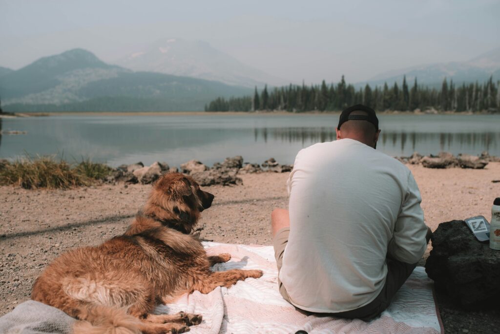 Looking at a man and his golden retriever from behind as they are sitting on a rocky shore of an alpine lake.