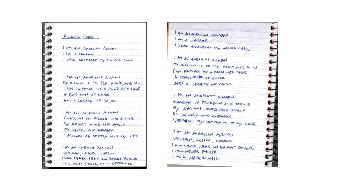 Handwritten Air Force Creed from a journal