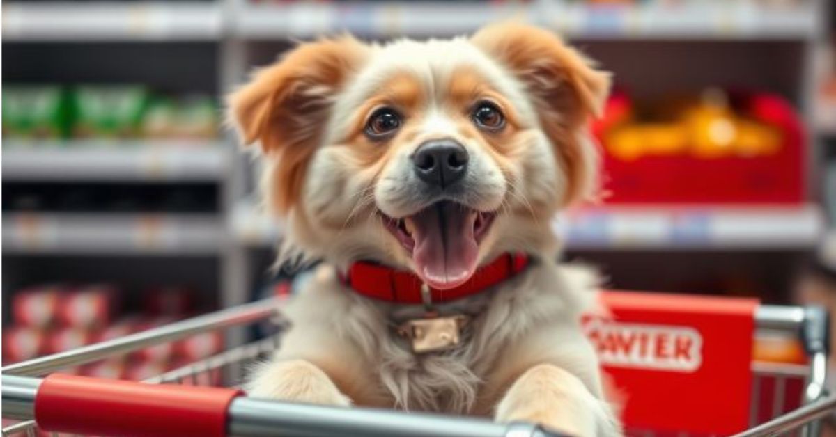 Smiling dog in a shopping cart