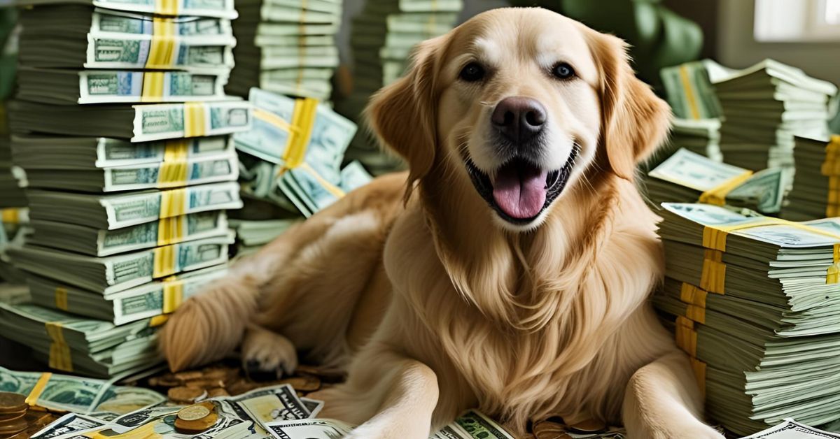 Dog laying with piles of money