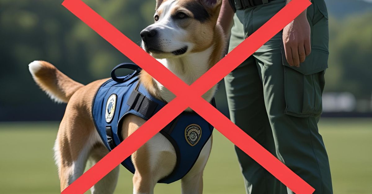 Dog wearing a blue vest and picture has big red X