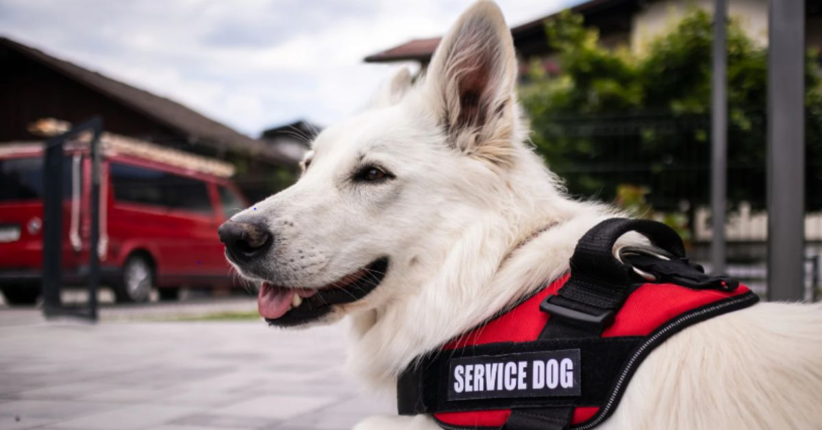 White dog wearing service dog vest